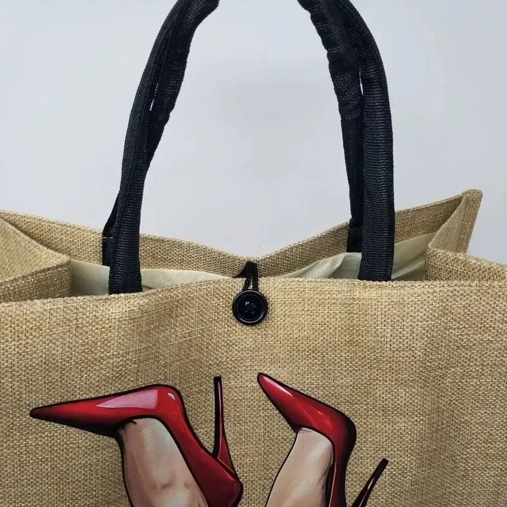 ​Large Natural Jute Burlap Tote / High Heel Graphic Shoulder Bag and Wallet Set
